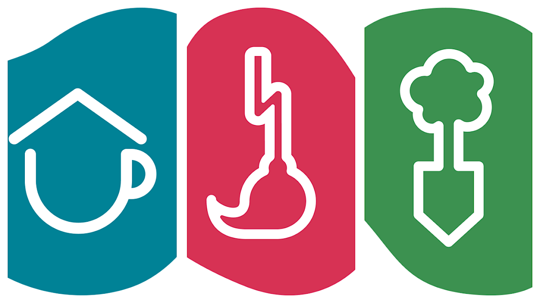 Drei farbige Symbole: Ein Haus, ein Thermometer und eine Pflanzschaufel, die Themen wie Wohnen, Temperatur und Gartenarbeit darstellen.